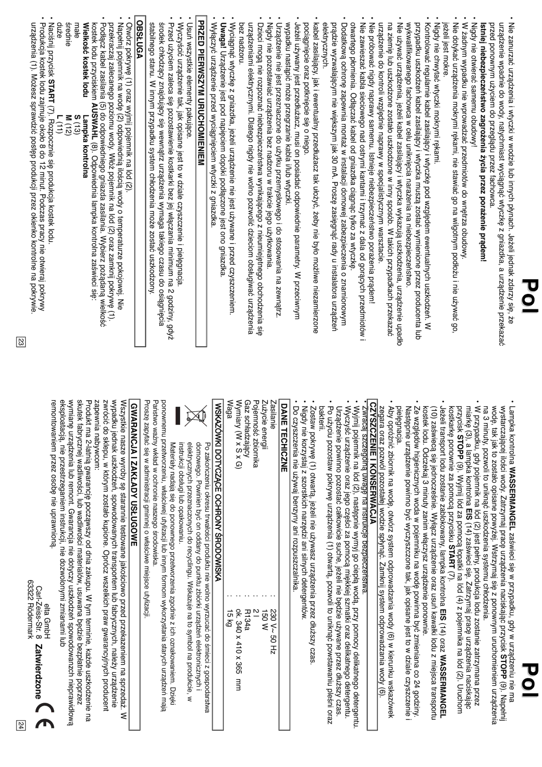 Elta IC300 Przed Pierwszym Uruchomieniem, Obsługa, Czyszczenie I Konserwacja, Dane Techiczne, Gwarancja I Zakłady Usługowe 