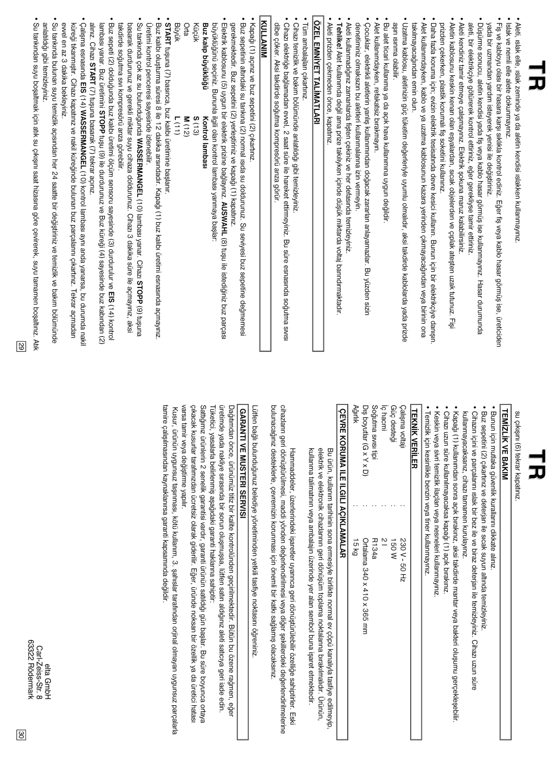 Elta IC300 Özel Emnýyet Talýmatlari, Kullanim, Temýzlýk VE Bakim, Teknýk Verýler, Çevre Koruma ILE Ilgili Açiklamalar 