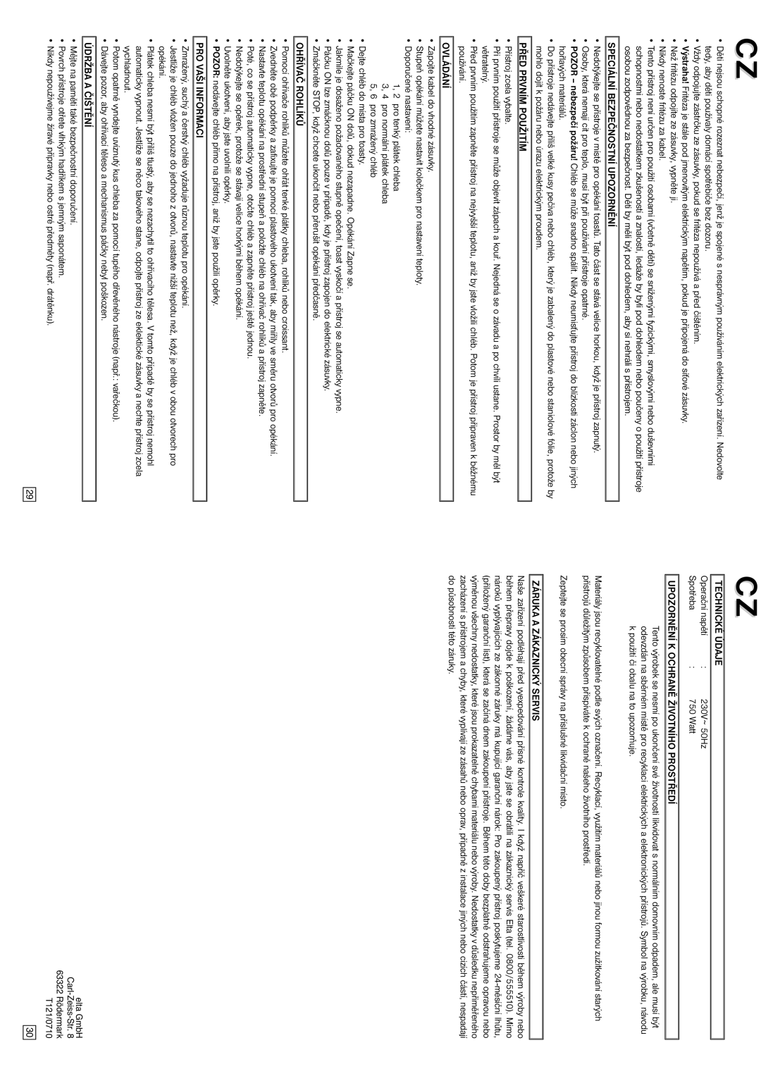 Elta IM-T121 Speciální Bezpečnostní Upozornění, Před Prvním Použitím, Ovládání, Ohřívač Rohlíků, PRO Vaši Informaci 