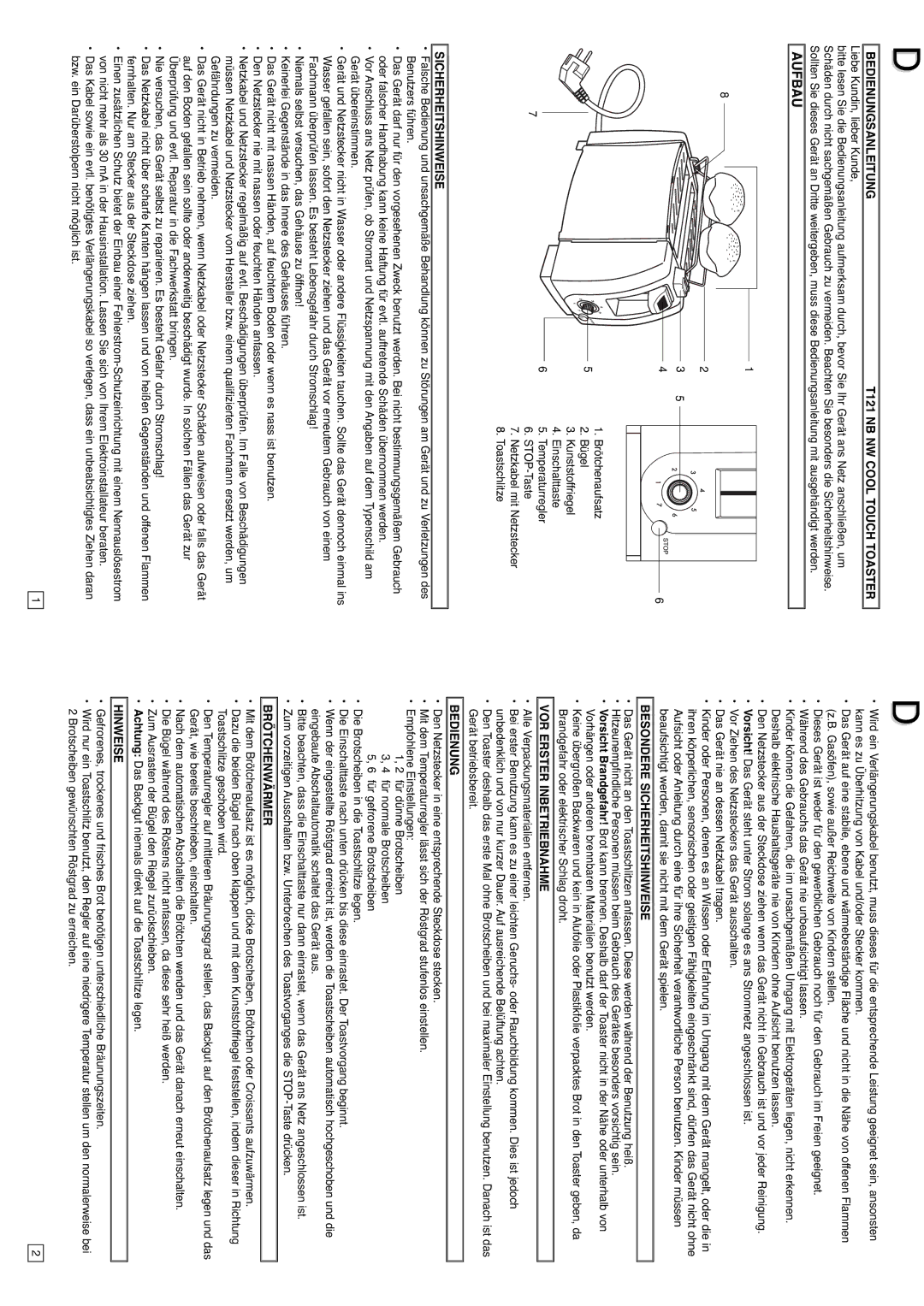 Elta IM-T121 Bedienungsanleitung T121 NB NW Cool Touch Toaster, Besondere Sicherheitshinweise, VOR Erster Inbetriebnahme 