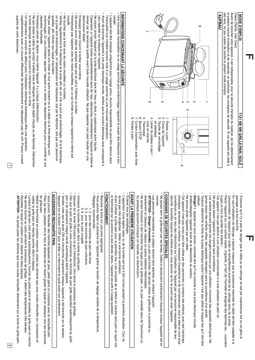 Elta IM-T121 Mode D’EMPLOI T121 NB NW GRILLE-PAIN, Isolé, Consignes DE Securites Speciales, Fonctionnement 