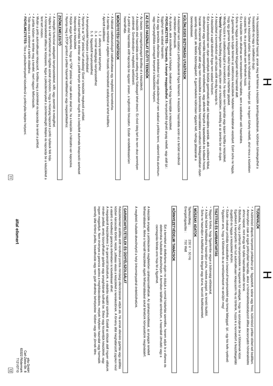 Elta IM-T121 Különleges Biztonsági Utasítások, AZ Első Használat Előtti Teendők, Működtetési Utasítások, Tudnivalók 