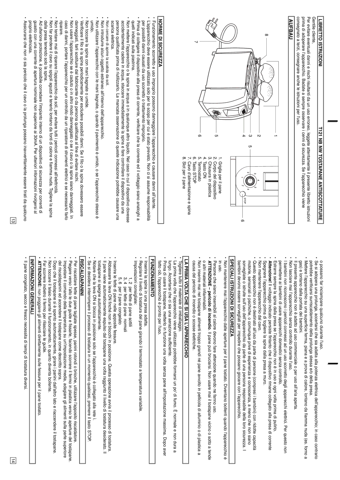 Elta IM-T121 Libretto Istruzioni T121 NB NW Tostapane Antiscottature, Speciali Istruzioni DI Sicurezza, Funzionamento 