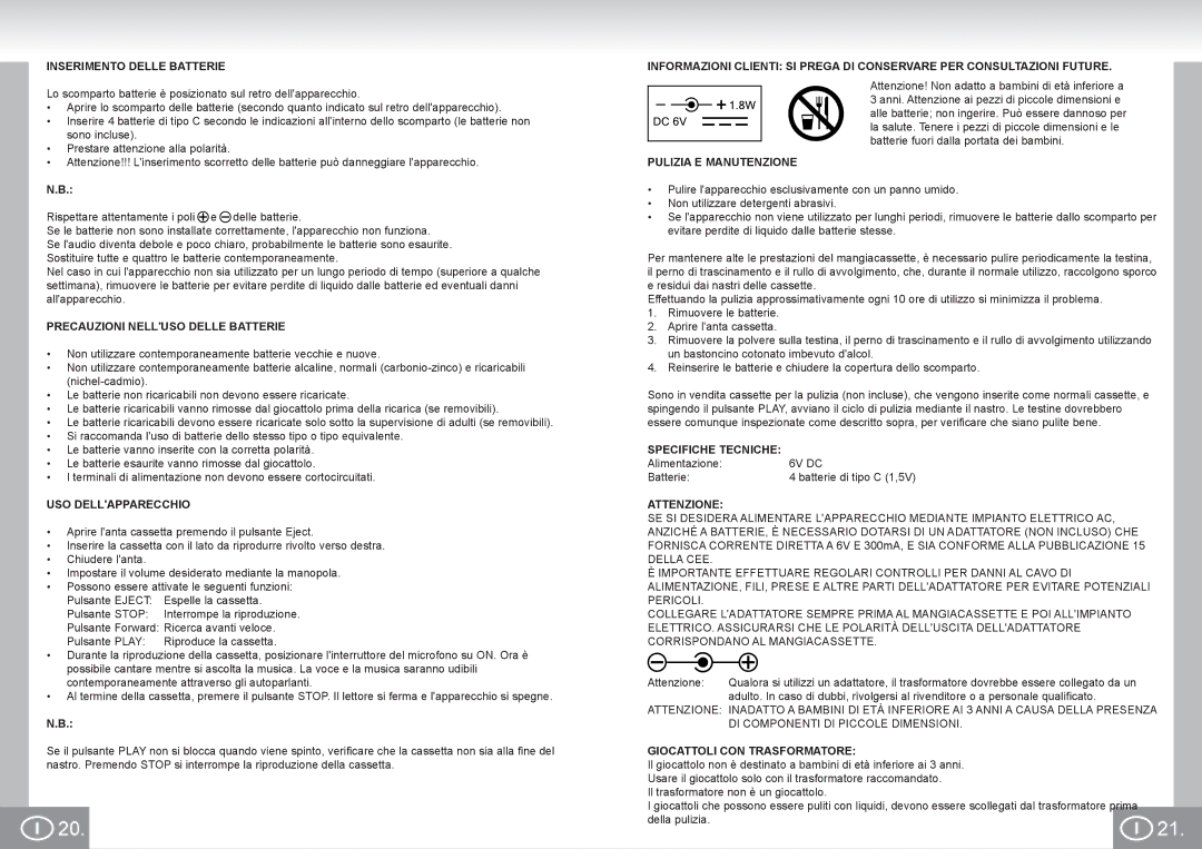 Elta K1260N2 Inserimento Delle Batterie, Precauzioni Nelluso Delle Batterie, USO Dellapparecchio, Pulizia E Manutenzione 