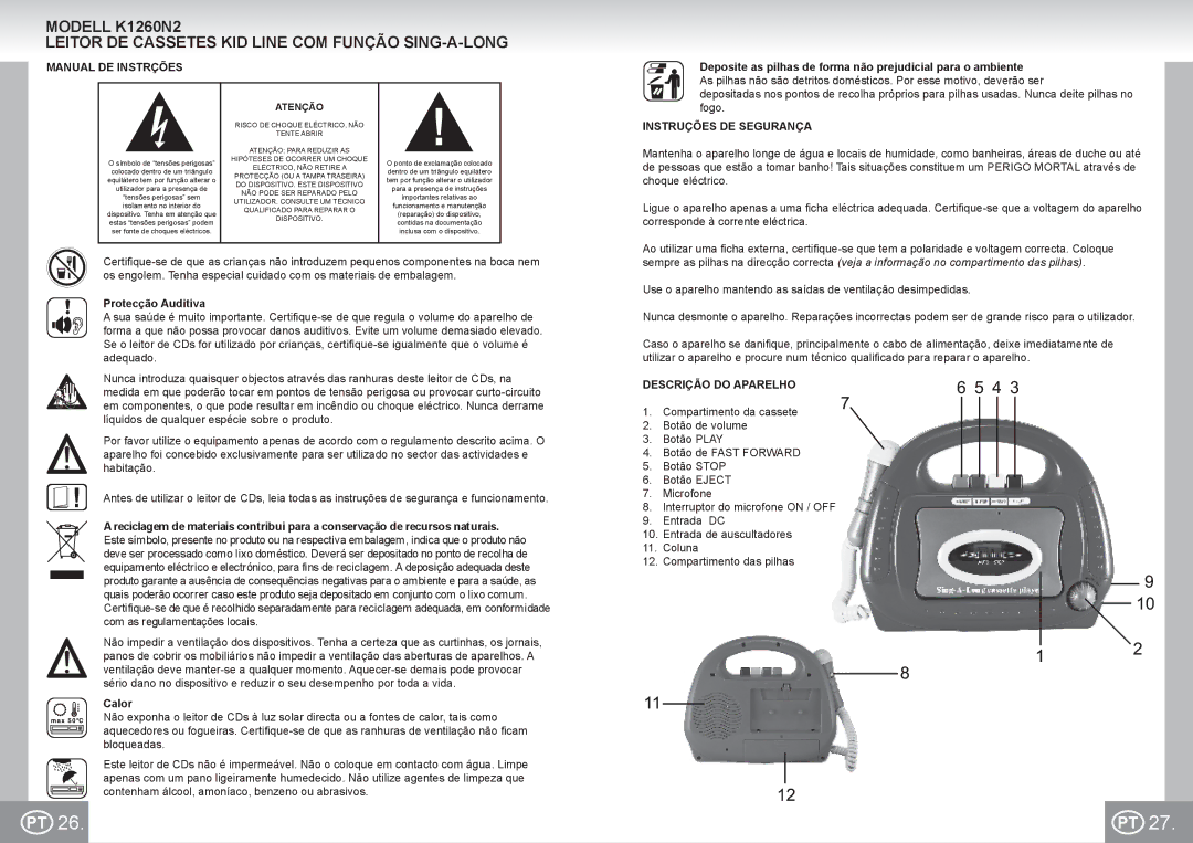 Elta K1260N2 Manual DE Instrções, Deposite as pilhas de forma não prejudicial para o ambiente, Instruções DE Segurança 