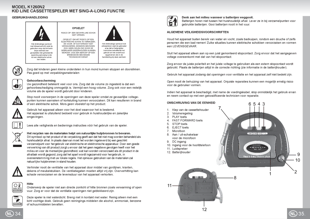 Elta K1260N2 manual Gebruikshandleiding, Algemene Veiligheidsvoorschriften, Omschrijving VAN DE Eenheid 