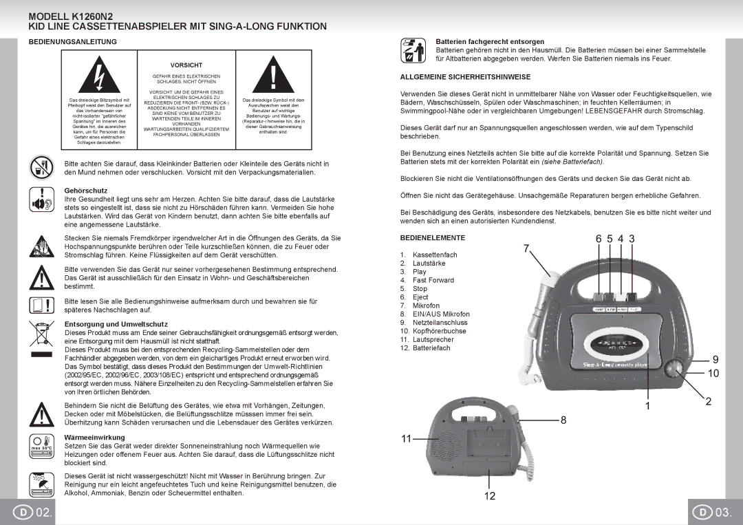 Elta K1260N2 manual Bedienungsanleitung, Allgemeine Sicherheitshinweise, Bedienelemente 