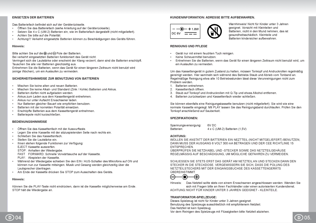 Elta K1260N2 Einsetzen DER Batterien, Sicherheitshinweise ZUR Benutzung VON Batterien, Bedienungshinweise, Spezifikationen 