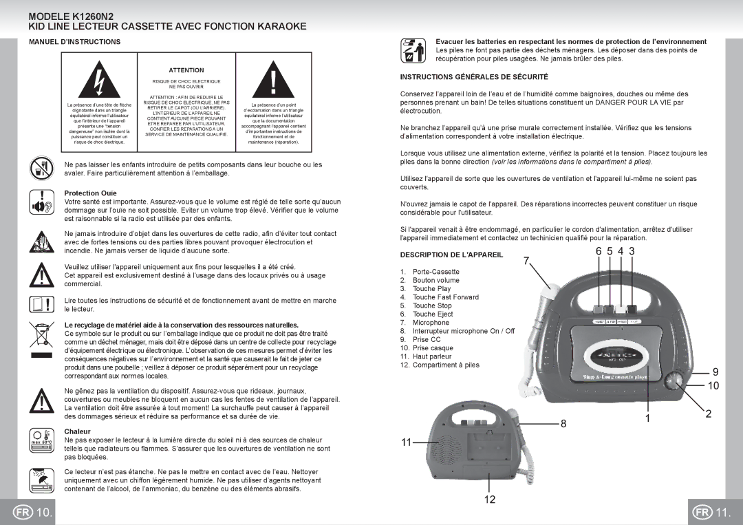 Elta K1260N2 Manuel D’INSTRUCTIONS, Instructions Générales DE Sécurité, Protection Ouïe, Chaleur, Description DE Lappareil 