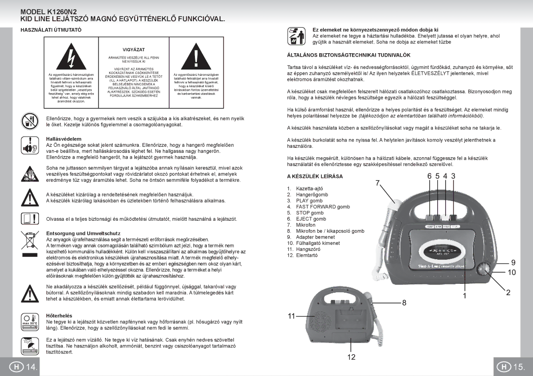 Elta K1260N2 manual Használati Útmutató, Általános Biztonságtechnikai Tudnivalók, Készülék Leírása 