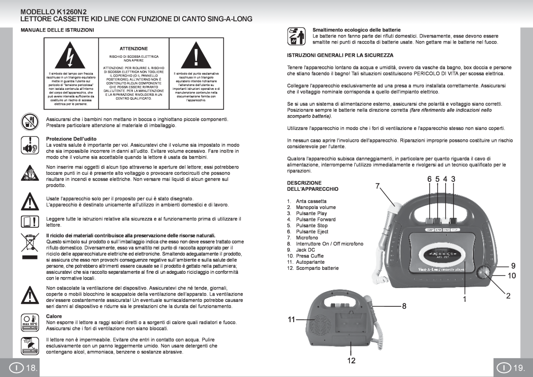 Elta MODELLO K1260N2, Manuale Delle Istruzioni, Smaltimento ecologico delle batterie, Protezione Dell’udito, Calore 