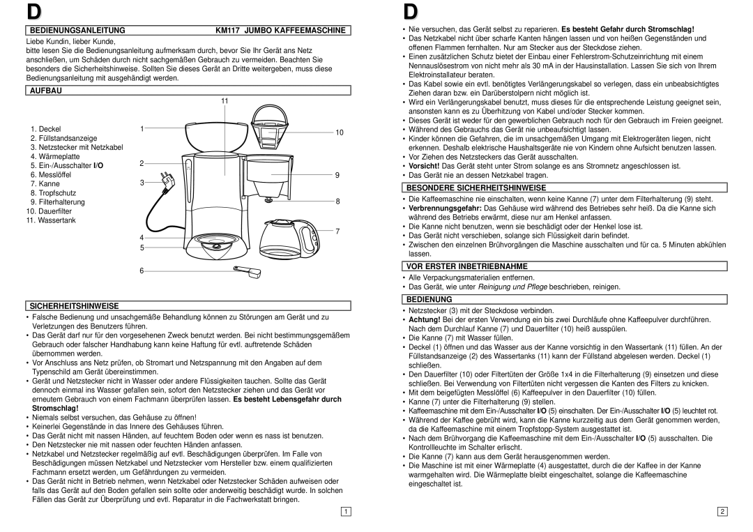 Elta instruction manual Bedienungsanleitung KM117 Jumbo Kaffeemaschine, Aufbau, Besondere Sicherheitshinweise 