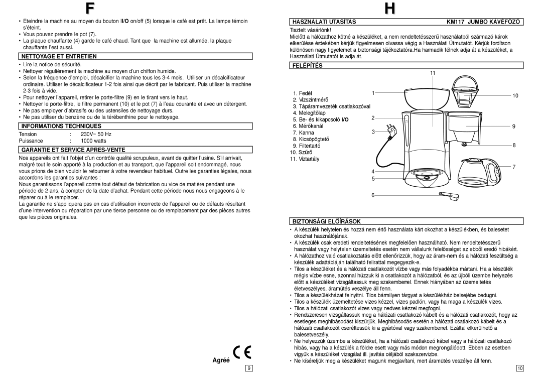 Elta instruction manual Agréé, Használati Utasítás KM117 Jumbo Kávéfãzã, Felépítés, Biztonsági Elãírások 