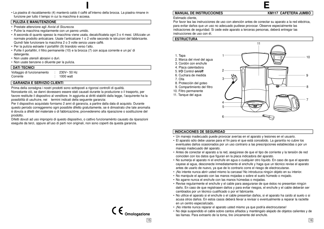 Elta KM117 instruction manual Omologazione 