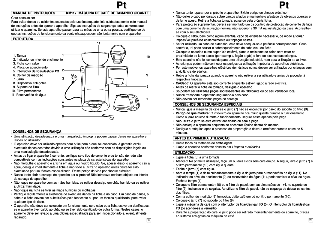 Elta PtPt, Manual De Instruções, KM117 MÁQUINA DE CAFÉ DE TAMANHO GIGANTE, Estrutura, Conselhos De Segurança 