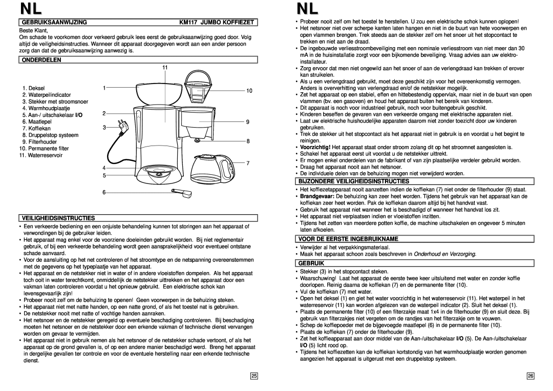 Elta instruction manual Gebruiksaanwijzing, KM117 JUMBO KOFFIEZET, Onderdelen, Bijzondere Veiligheidsinstructies 