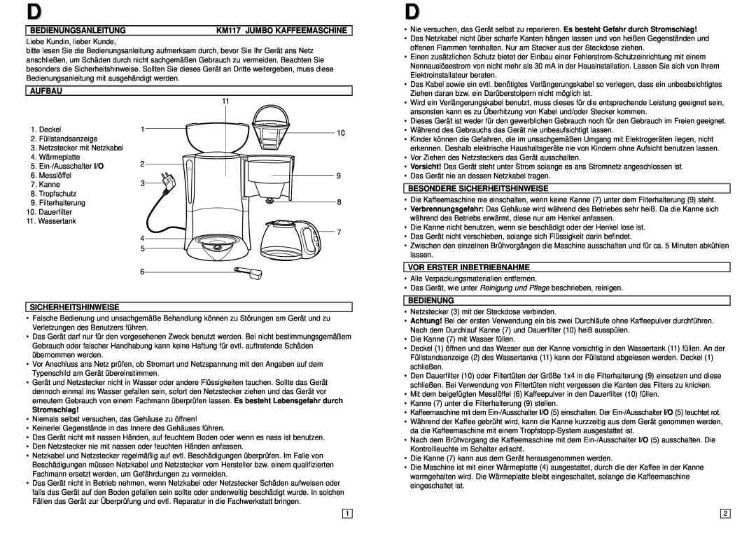 Elta instruction manual Bedienungsanleitung, KM117 JUMBO KAFFEEMASCHINE, Aufbau, Sicherheitshinweise, Stromschlag 
