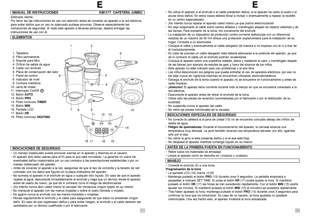 Elta KM117TB Manual DE Instrucciones KM117T Cafetera Jumbo, Elementos, Antes DE LA Primera Puesta EN Funcionamiento 