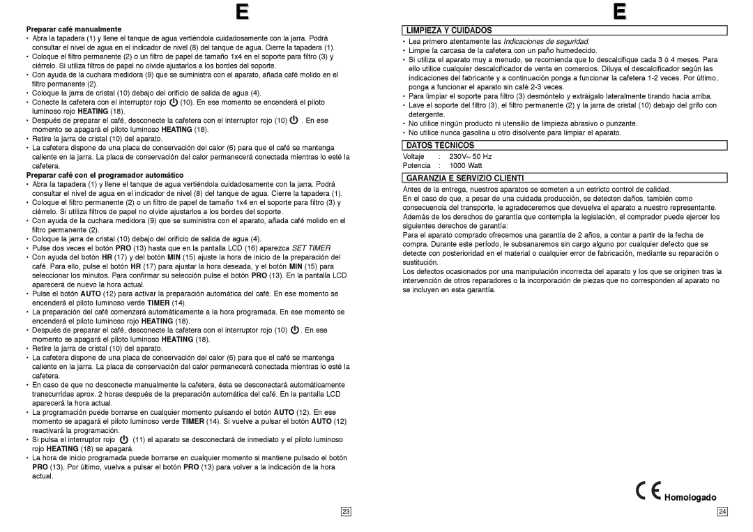 Elta KM117TB Homologado, Preparar café manualmente, Preparar café con el programador automático, Limpieza Y Cuidados 