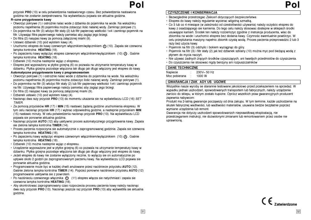 Elta KM117TB «czne przygotowanie kawy, Automatyczne przygotowanie kawy z programowaniem, Czyszczenie I Konserwacja 