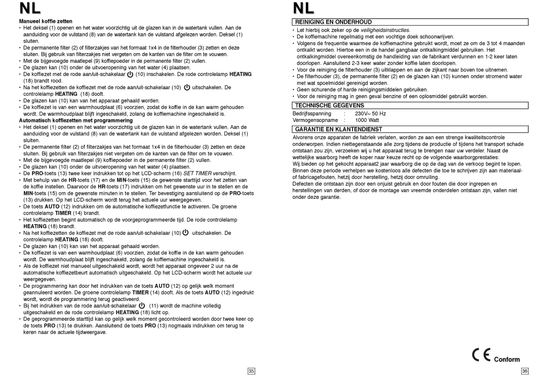 Elta KM117TB instruction manual Conform, Reiniging EN Onderhoud, Technische Gegevens, Garantie EN Klantendienst 