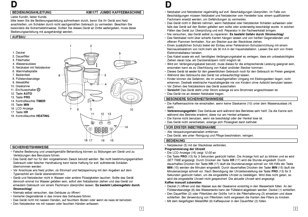 Elta KM117TB instruction manual Bedienungsanleitung KM117T Jumbo Kaffeemaschine, Aufbau, Besondere Sicherheitshinweise 