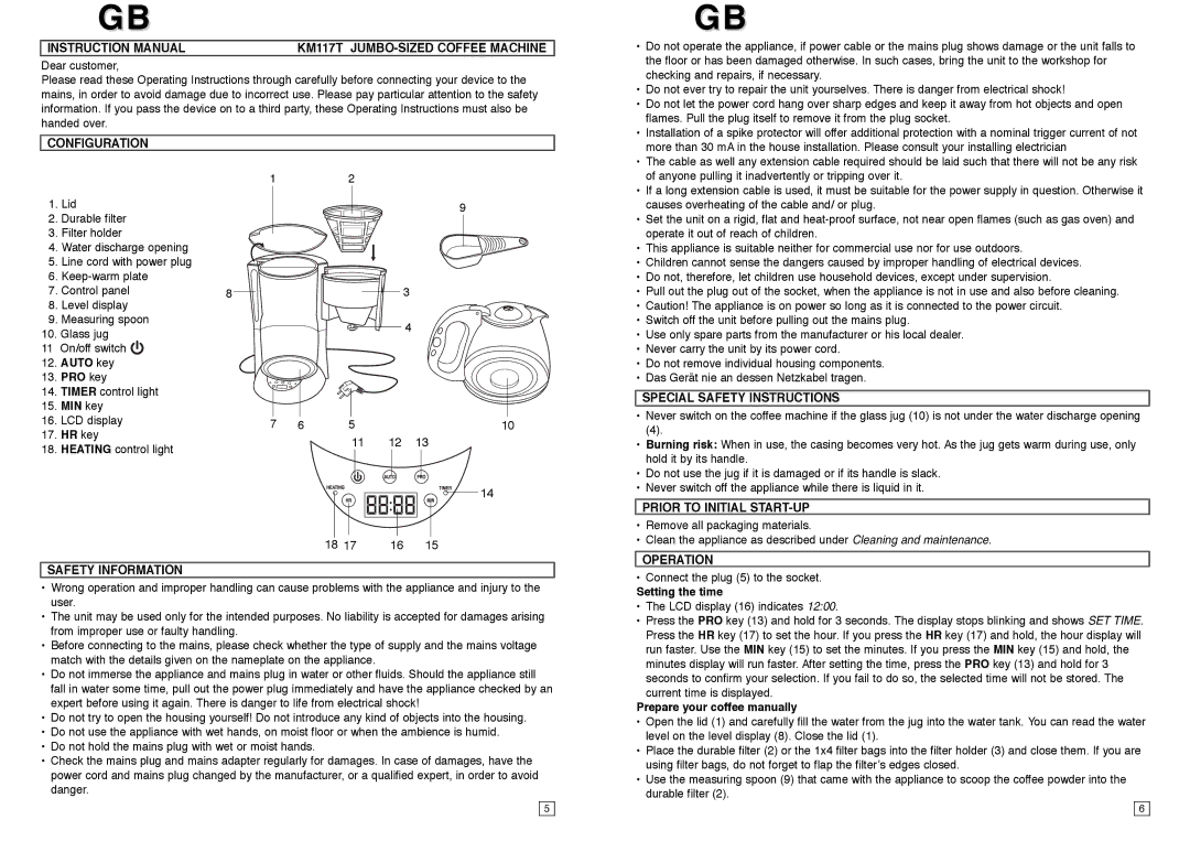 Elta KM117TB KM117T JUMBO-SIZED Coffee Machine, Configuration, Safety Information, Special Safety Instructions, Operation 