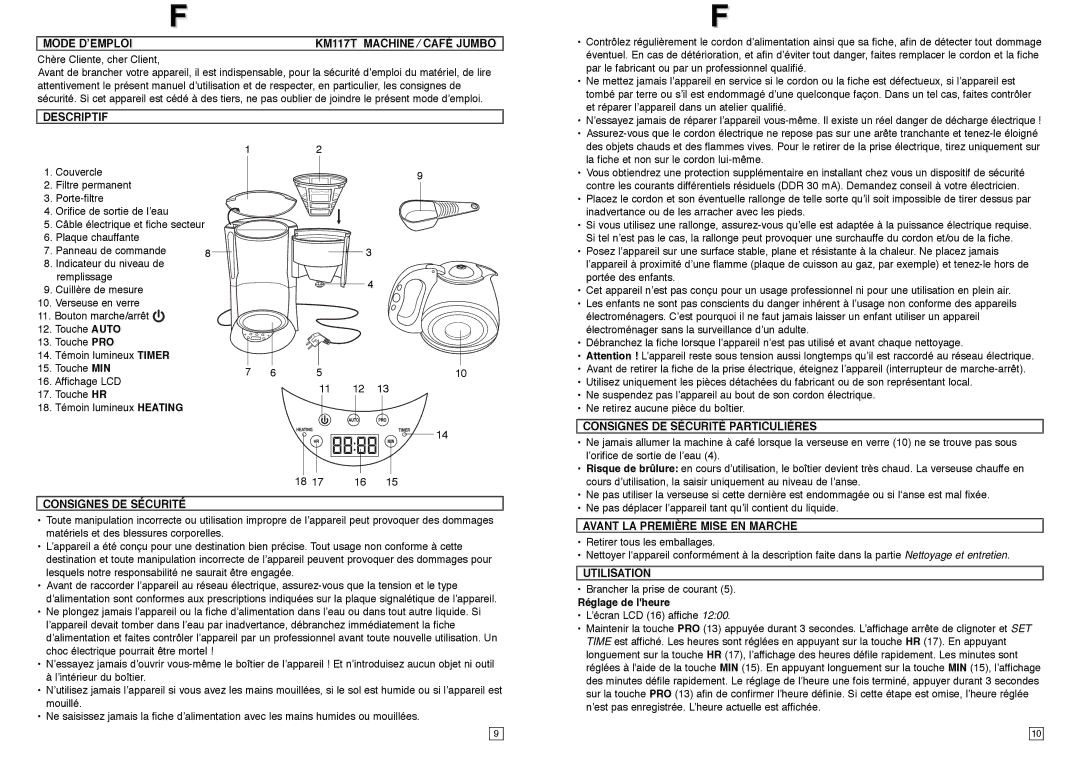 Elta KM117TB instruction manual Mode D’EMPLOI KM117T Machine ⁄ Café Jumbo, Descriptif, Consignes DE Sécurité, Utilisation 