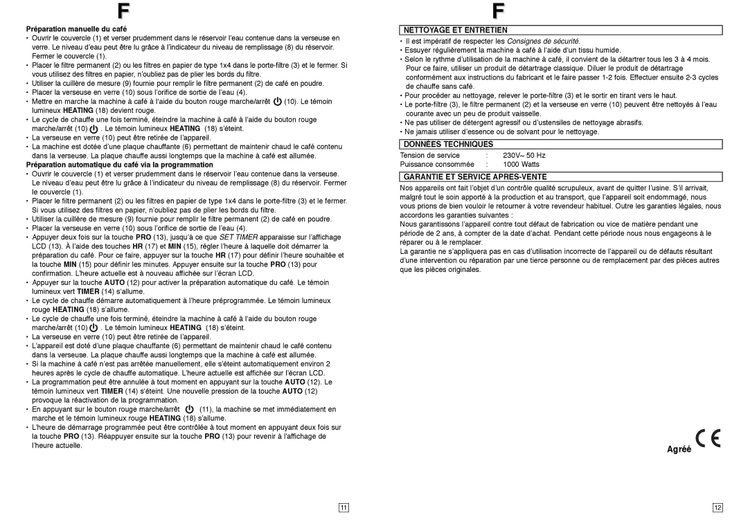 Elta KM117TB instruction manual Agréé, Nettoyage ET Entretien, Données Techniques, Garantie ET Service APRES-VENTE 