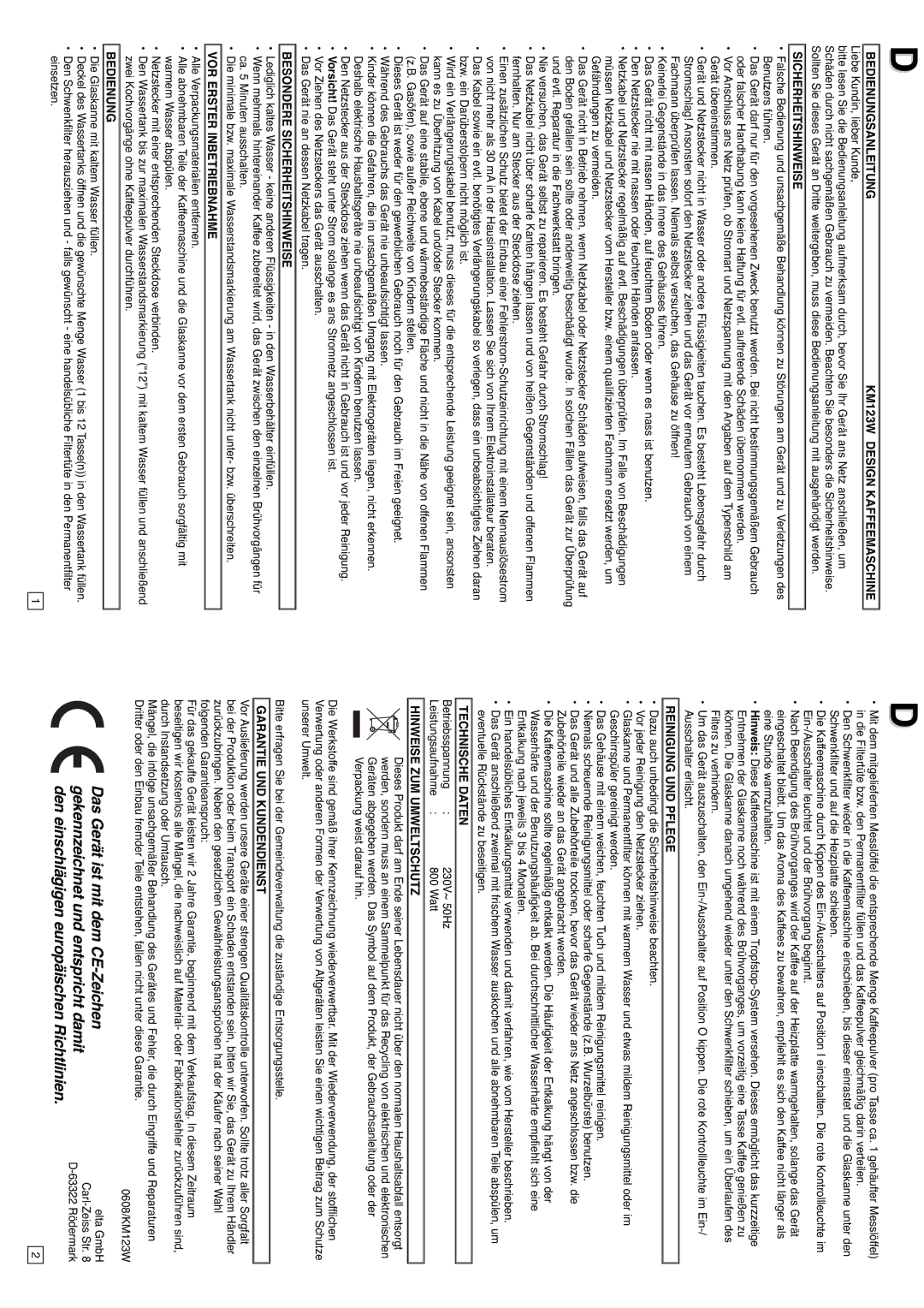 Elta Bedienungsanleitung KM123W Design Kaffeemaschine, Besondere Sicherheitshinweise, VOR Erster Inbetriebnahme 