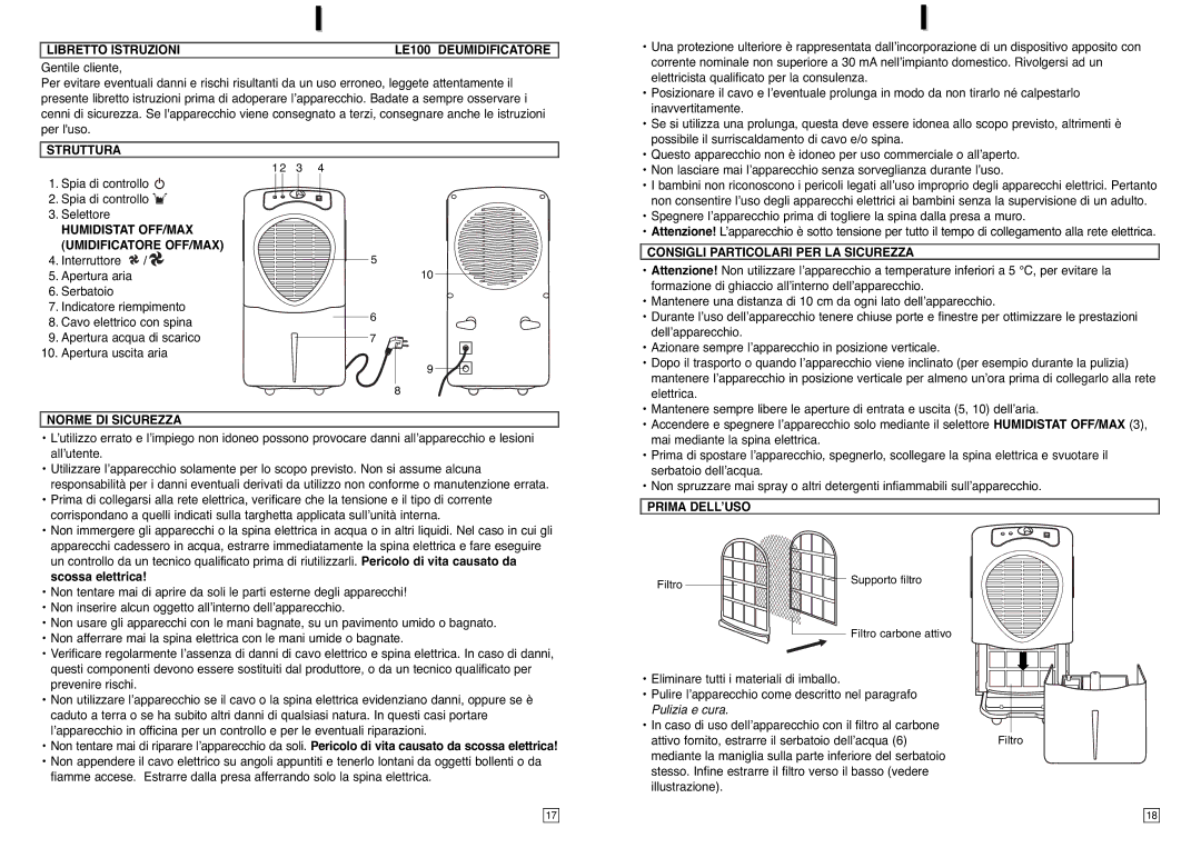 Elta Libretto Istruzioni LE100 Deumidificatore, Struttura, Humidistat OFF/MAX Umidificatore OFF/MAX, Norme DI Sicurezza 