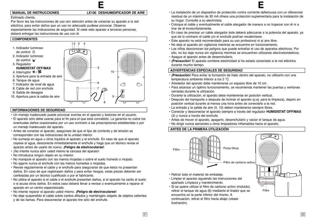 Elta instruction manual Manual DE Instrucciones LE100 Deshumidificador DE Aire, Componentes, Informaciones DE Seguridad 