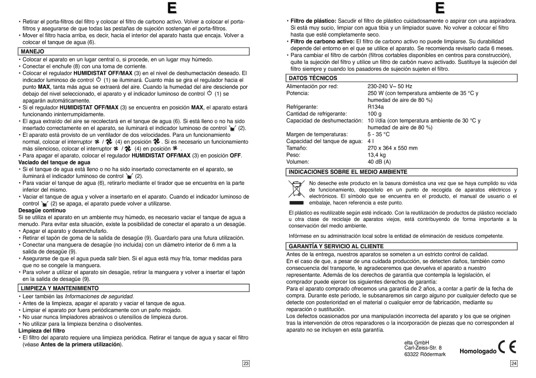 Elta LE100 instruction manual Manejo, Limpieza Y Mantenimiento, Datos Técnicos, Indicaciones Sobre EL Medio Ambiente 