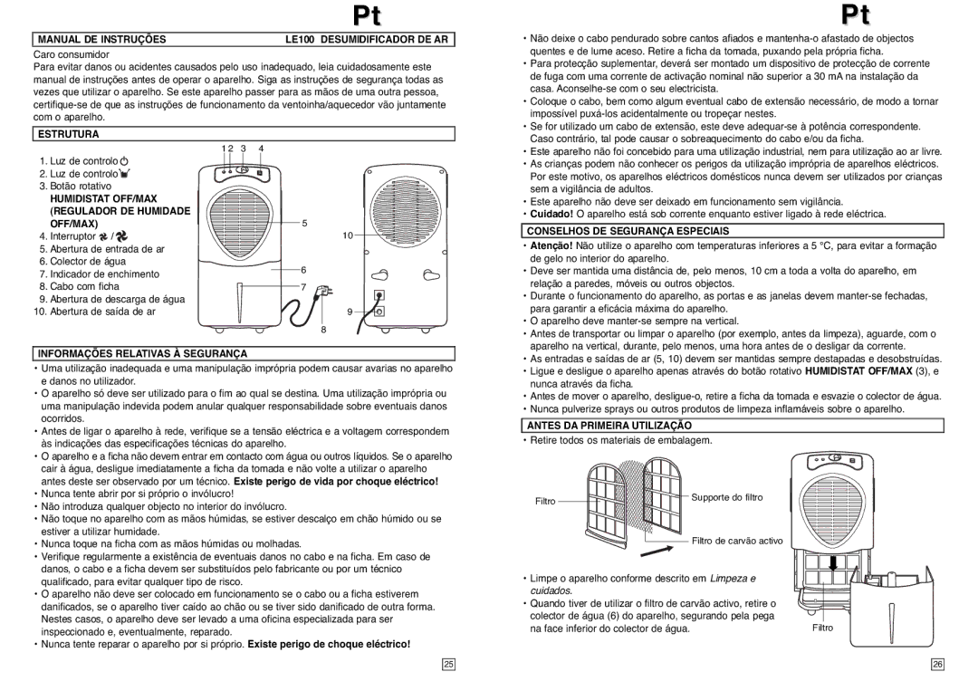 Elta Manual DE Instruções LE100 Desumidificador DE AR, Estrutura, Humidistat OFF/MAX Regulador DE Humidade 