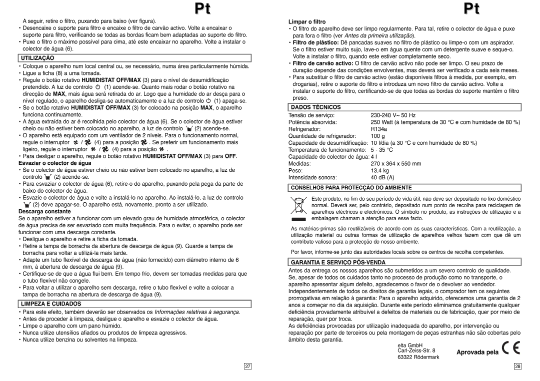 Elta LE100 instruction manual Utilização, Limpeza E Cuidados, Dados Técnicos, Garantia E Serviço PÓS-VENDA 