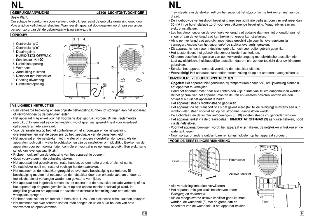 Elta instruction manual Gebruiksaanwijzing LE100 Luchtontvochtiger, Opbouw, Bijzondere Veiligheidsinstructies 