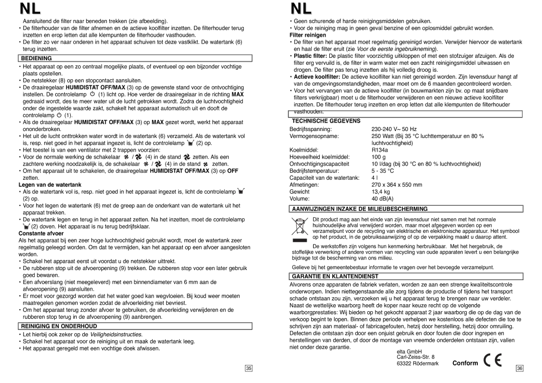 Elta LE100 Bediening, Reiniging EN Onderhoud, Technische Gegevens, Aanwijzingen Inzake DE Milieubescherming 