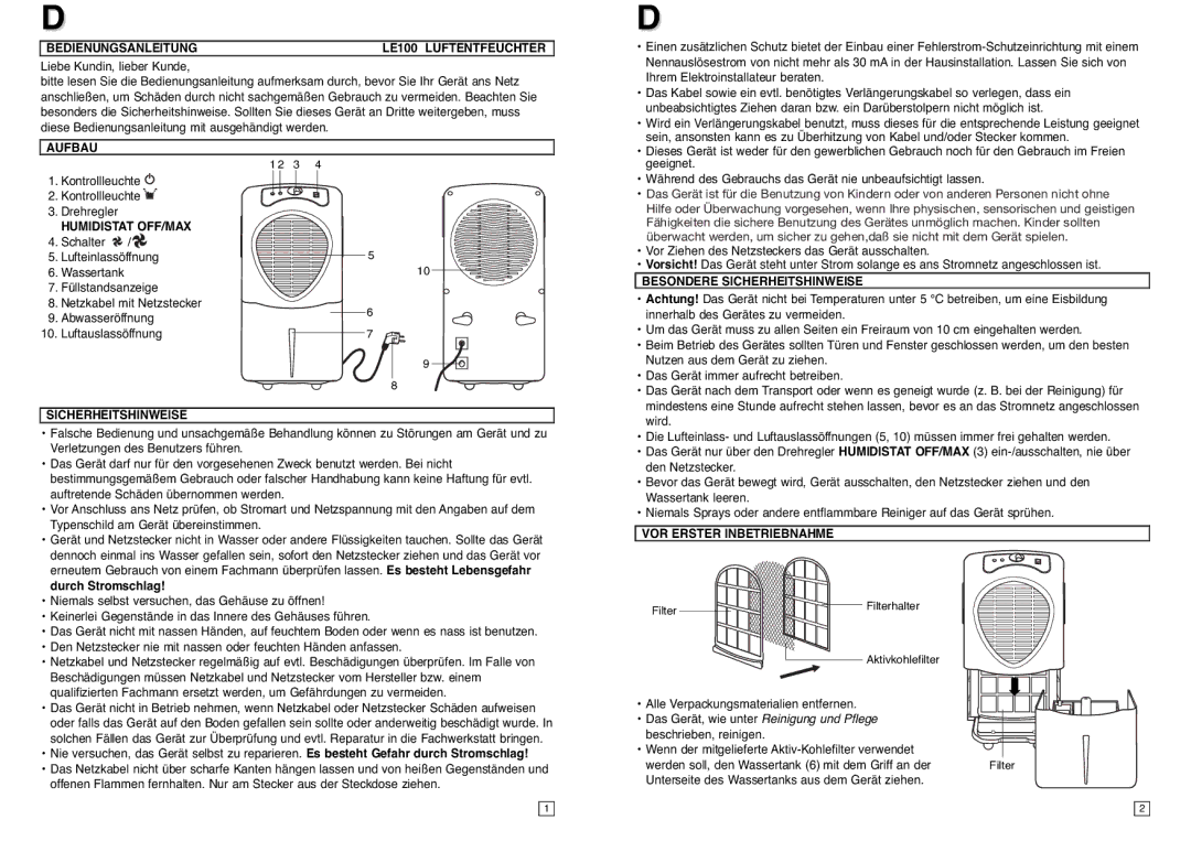 Elta instruction manual Bedienungsanleitung LE100 Luftentfeuchter, Aufbau, Humidistat OFF/MAX, Sicherheitshinweise 