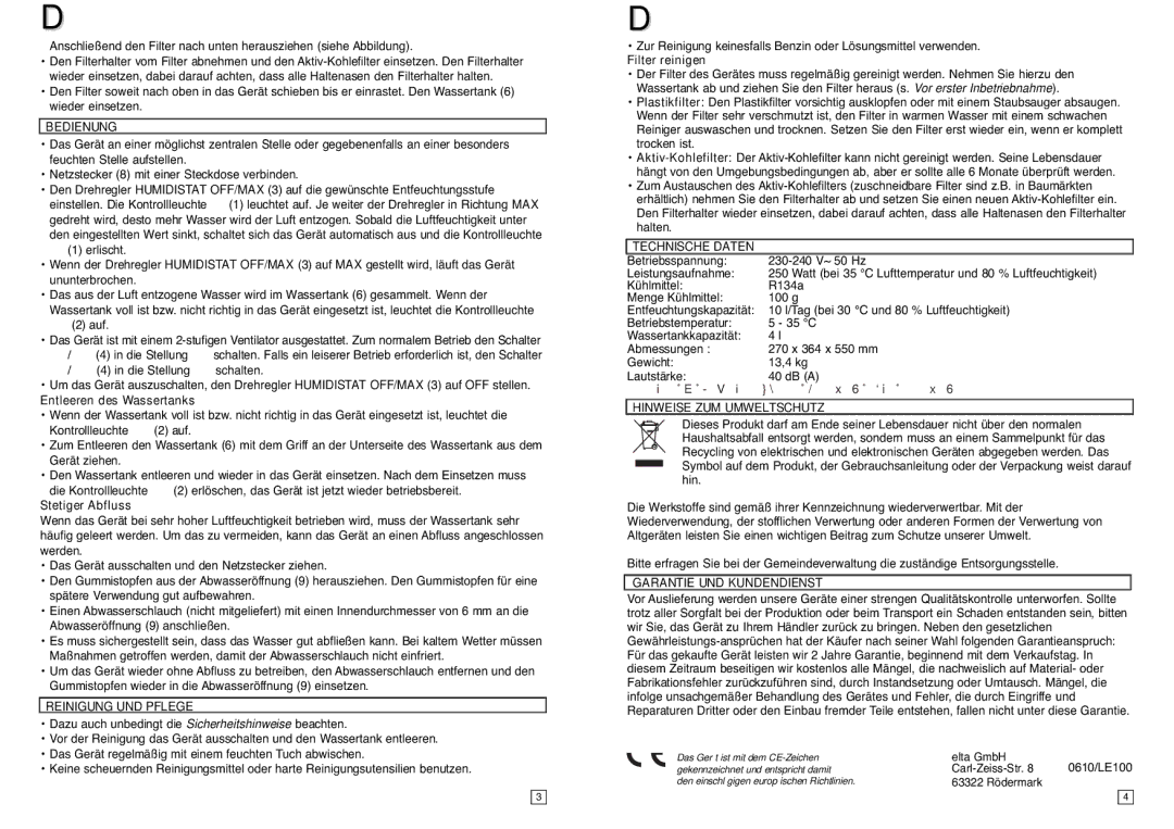 Elta LE100 Bedienung, Reinigung UND Pflege, Technische Daten, Hinweise ZUM Umweltschutz, Garantie UND Kundendienst 