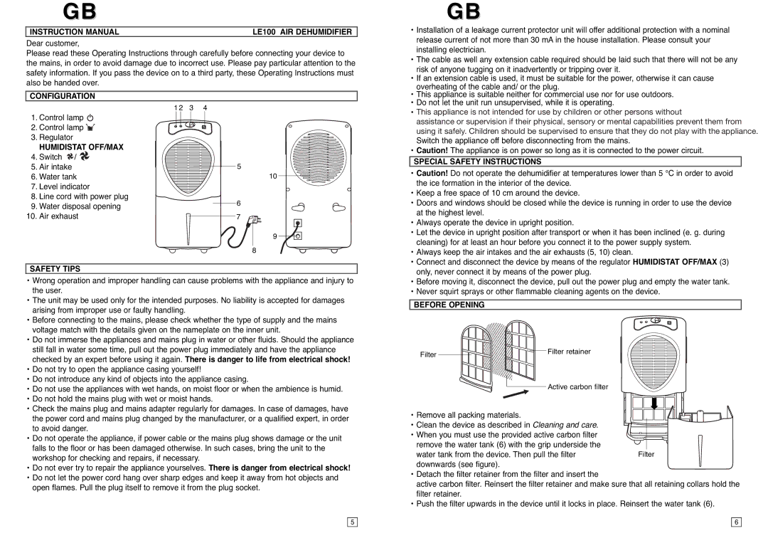 Elta instruction manual LE100 AIR Dehumidifier, Configuration, Safety Tips, Special Safety Instructions, Before Opening 