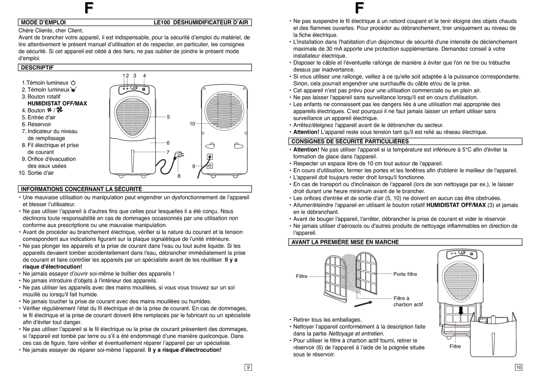 Elta instruction manual Mode D’EMPLOI LE100 Déshumidificateur D’AIR, Descriptif, Informations Concernant LA Sécurité 