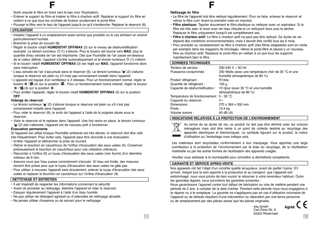 Elta LE100 instruction manual Utilisation, Nettoyage ET Entretien, Donnees Techniques, Garantie ET Service APRES-VENTE 