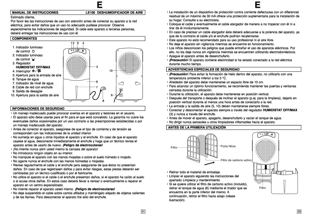 Elta instruction manual Manual De Instrucciones, LE100 DESHUMIDIFICADOR DE AIRE, Componentes, Informaciones De Seguridad 