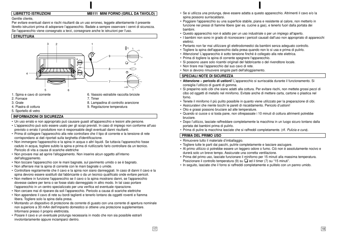 Elta Libretto Istruzioni MB111 Mini Forno Grill DA Tavolo, Struttura, Informazioni DI Sicurezza, Prima DEL Primo USO 