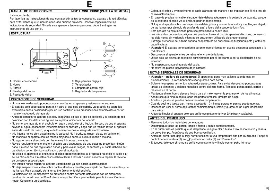 Elta instruction manual Manual DE Instrucciones MB111 Mini Horno Parilla DE Mesa, Estructura, Indicaciones DE Seguridad 