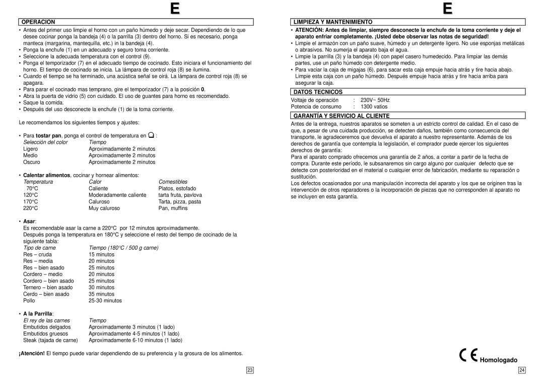 Elta MB111 Homologado, Operacion, Limpieza Y Mantenimiento, Datos Tecnicos, Garantía Y Servicio AL Cliente 