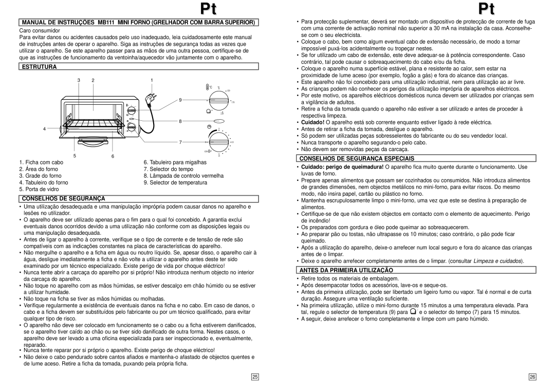 Elta MB111 instruction manual Estrutura, Conselhos DE Segurança Especiais, Antes DA Primeira Utilização 