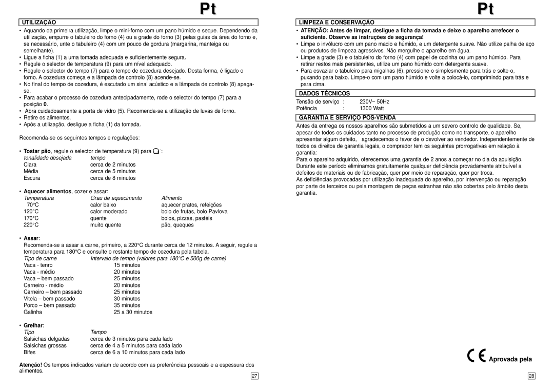 Elta MB111 instruction manual Aprovada pela, Grelhar 