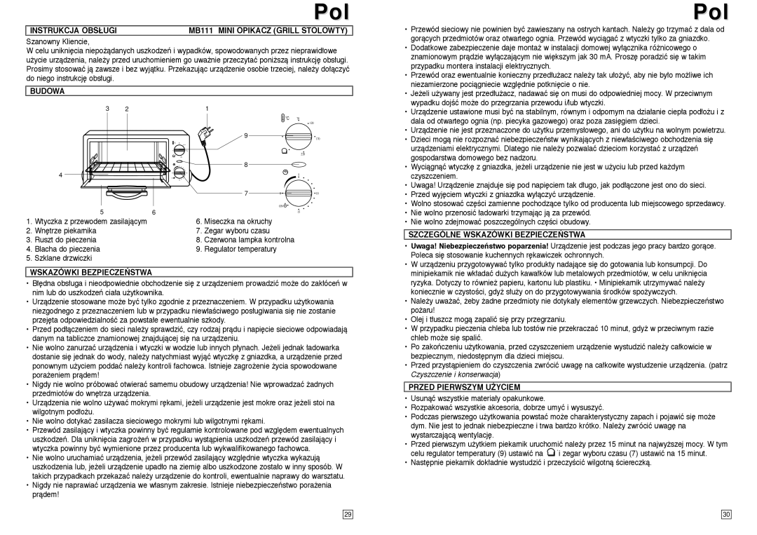 Elta instruction manual Instrukcja Obsługi MB111 Mini Opikacz Grill Stolowty, Budowa, Wskazówki BEZPIECZE¡STWA 