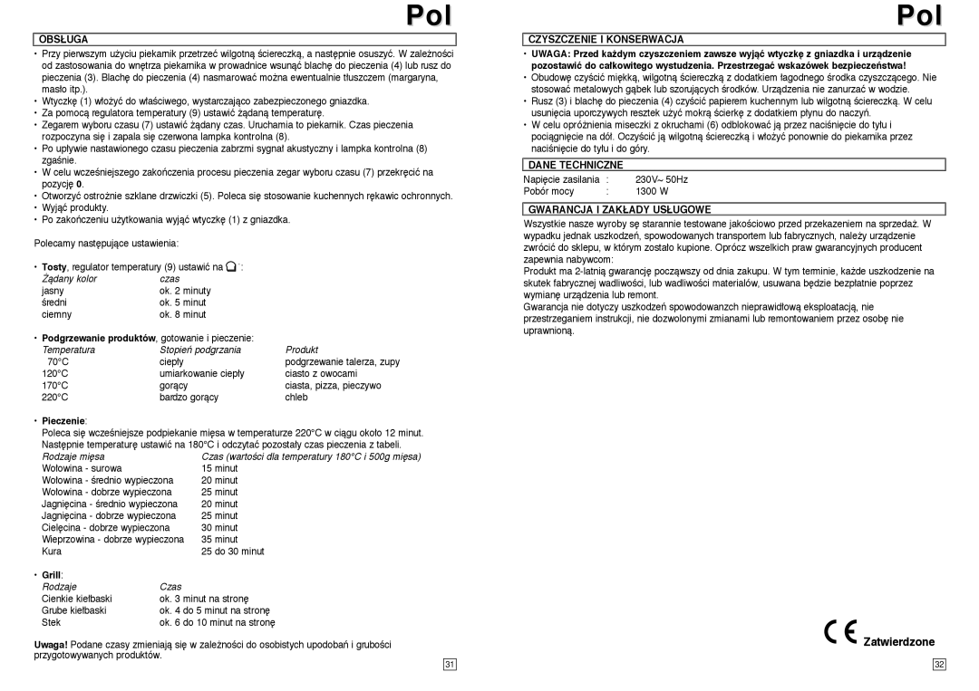 Elta MB111 instruction manual Obsługa, Pieczenie, Czyszczenie I Konserwacja, Dane Techniczne, Gwarancja I Zakłady Usługowe 